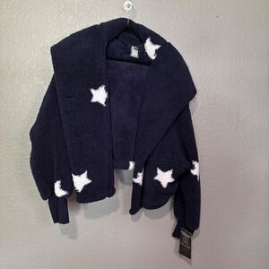 Jill Martin Navy Blue Star Sherpa Lounger Jacket Faux Fur Hooded Coat 2X/3X NEW